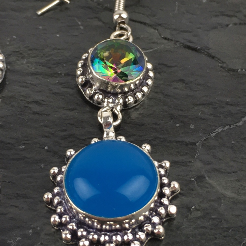 New Mystic Topaz Stone Silver Overlay Hook Dangle Earrings - Picture 7 of 8